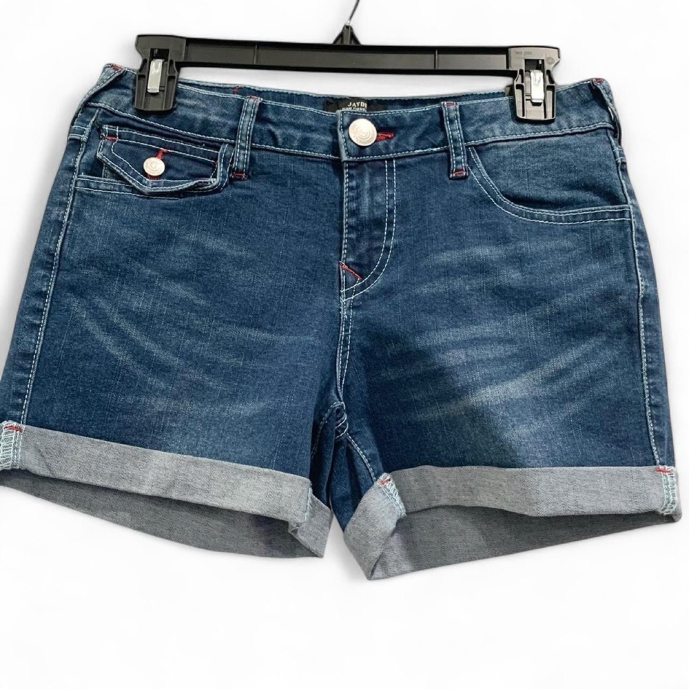 NWT True Religion Jayde Mid Rise Flap Shorts Size 26 Med Blaze Wash Buddha Patch